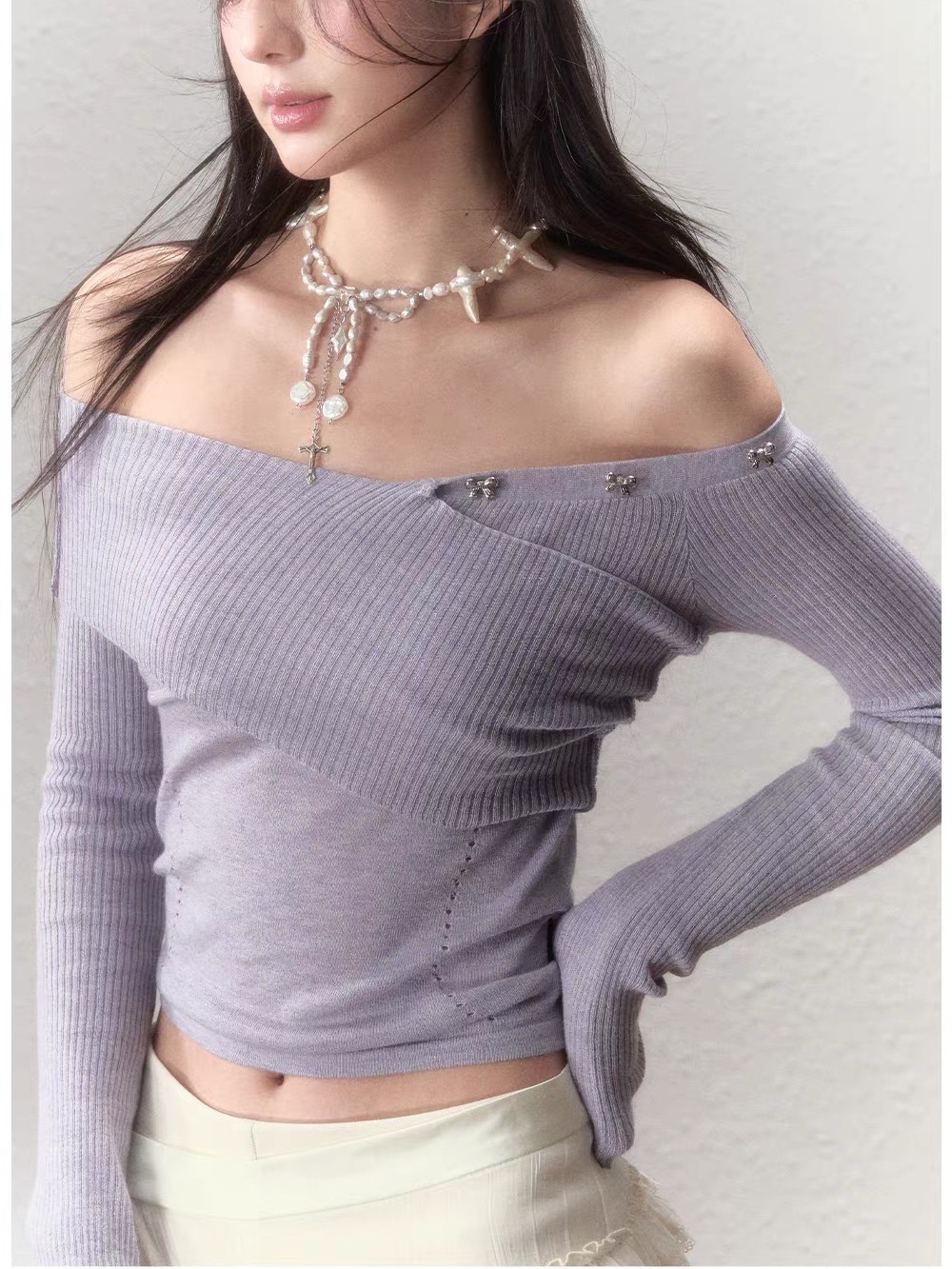 Off-Shoulder Ribbed Lavender Women’s Sweater